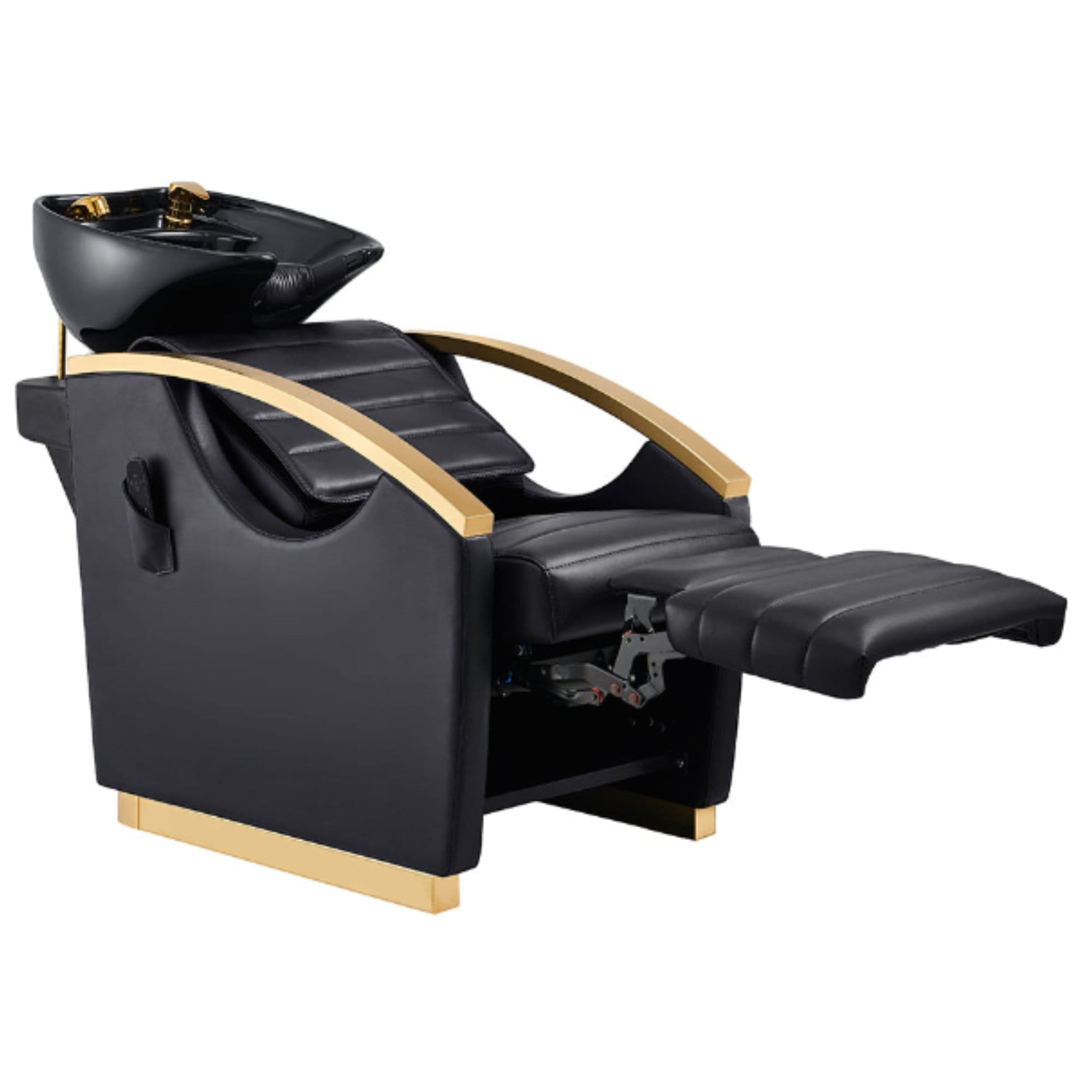 DIR Bella V Gold Reclining Salon Shampoo Massage Chairs Black Front Angled View With Black Single Sink And Extended Leg Rest On White Background