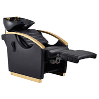 Thumbnail for DIR Bella V Gold Reclining Salon Shampoo Massage Chairs Black Front Angled View With Black Single Sink And Extended Leg Rest On White Background