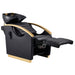 DIR Bella V Gold Reclining Salon Shampoo Massage Chairs Black Front Angled View With Black Single Sink And Extended Leg Rest On White Background