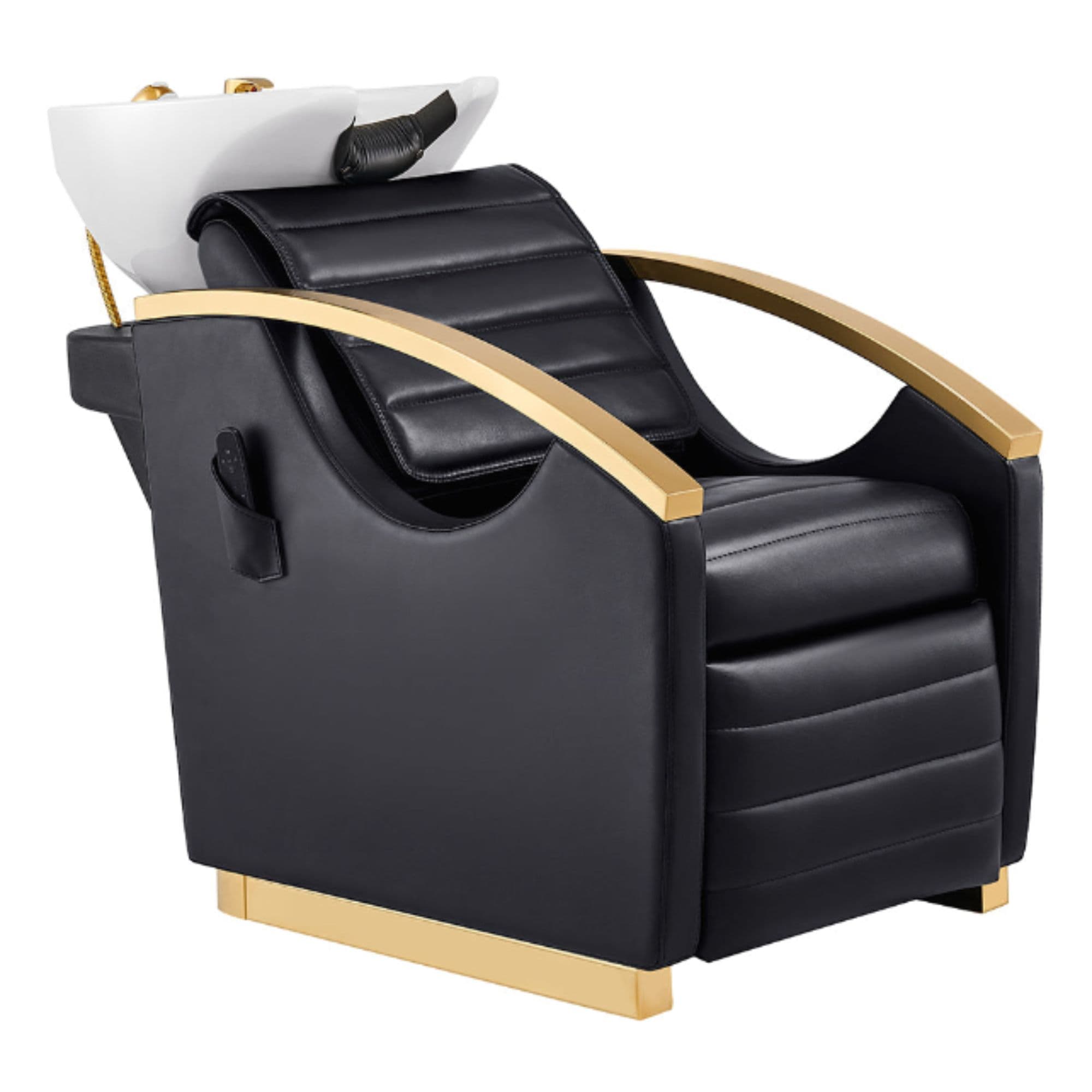 DIR Bella V Gold Reclining Salon Shampoo Massage Chairs Black Front Angled View With White Single Sink On White Background