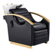 DIR Bella V Gold Reclining Salon Shampoo Massage Chairs Black Front Angled View With White Single Sink On White Background