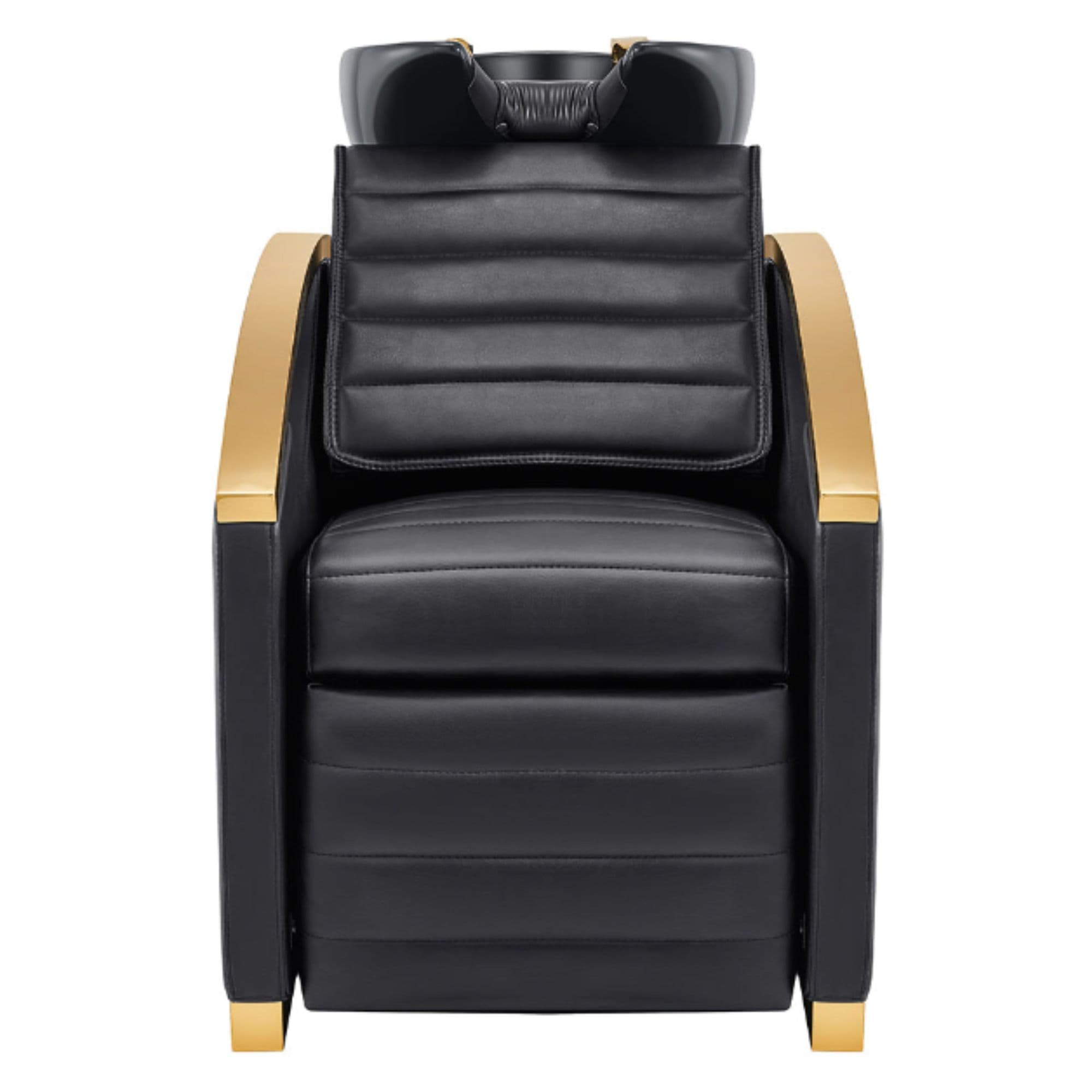 DIR Bella V Gold Reclining Salon Shampoo Massage Chairs Black Front View With Black Single Sink On White Background