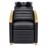 Thumbnail for DIR Bella V Gold Reclining Salon Shampoo Massage Chairs Black Front View With Black Single Sink On White Background