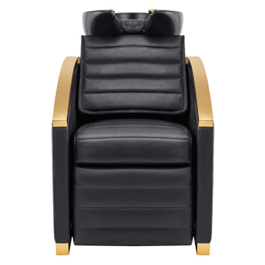 DIR Bella V Gold Reclining Salon Shampoo Massage Chairs Black Front View With Black Single Sink On White Background