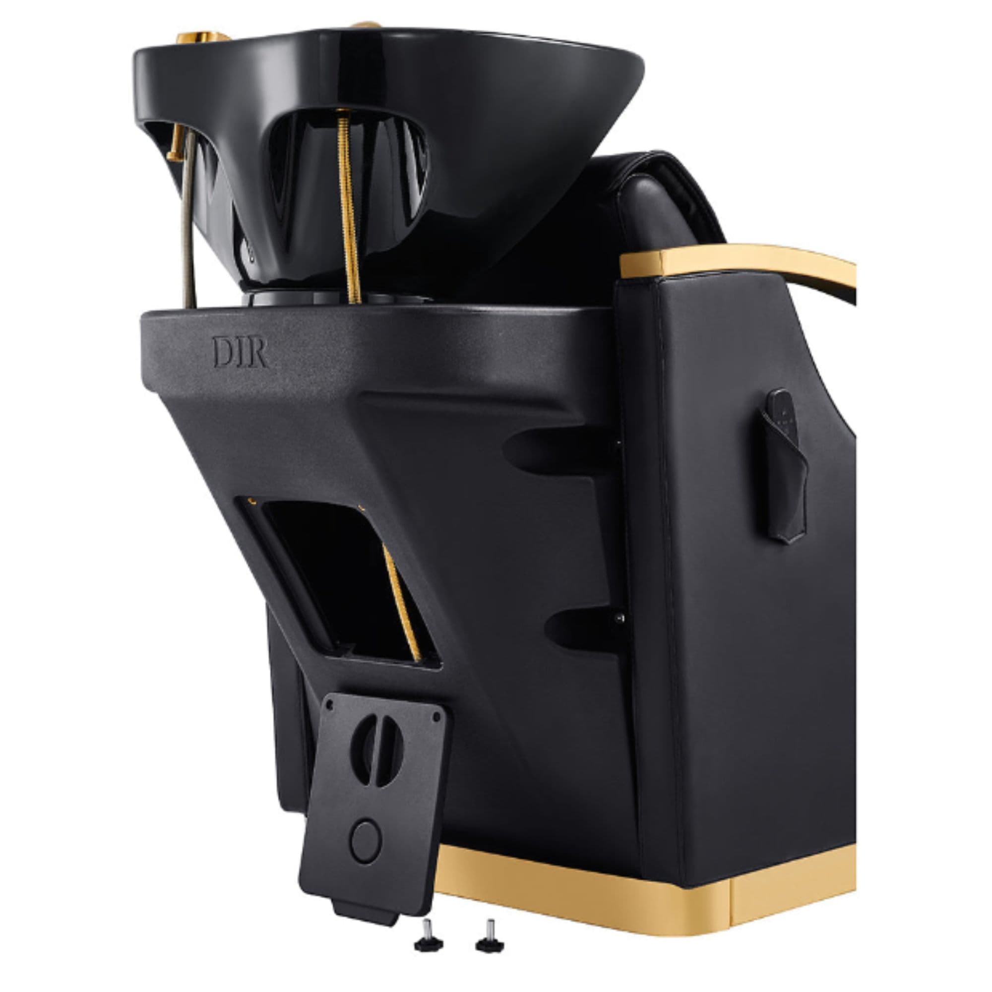 DIR Bella V Gold Reclining Salon Shampoo Massage Chairs Black On Rear Angled View With Sink Assembly