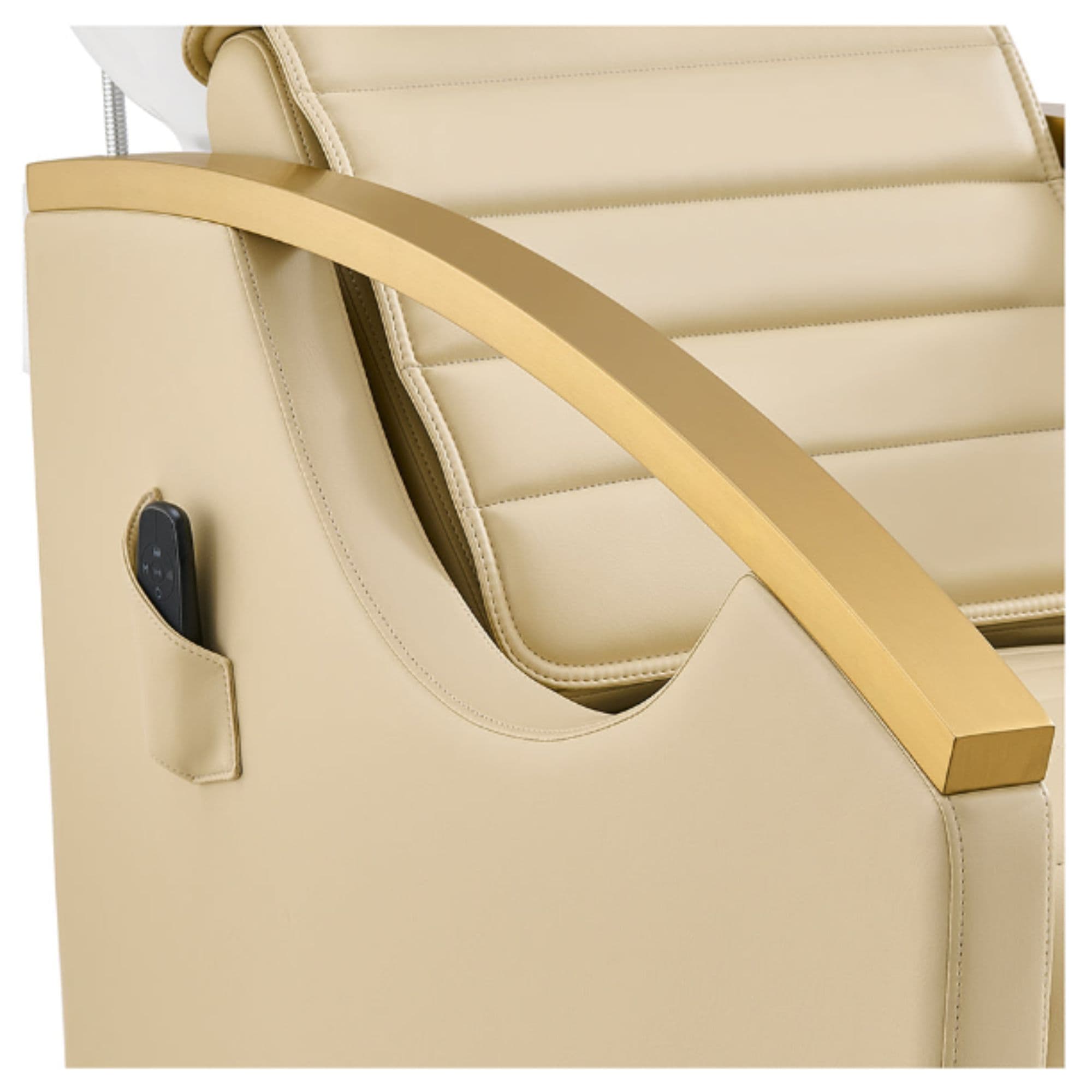 DIR Bella V Gold Reclining Salon Shampoo Massage Chairs Close-Up View Of Upholstered Beige Backrest And Armrest Design With Remote Control Holder On Side Panel