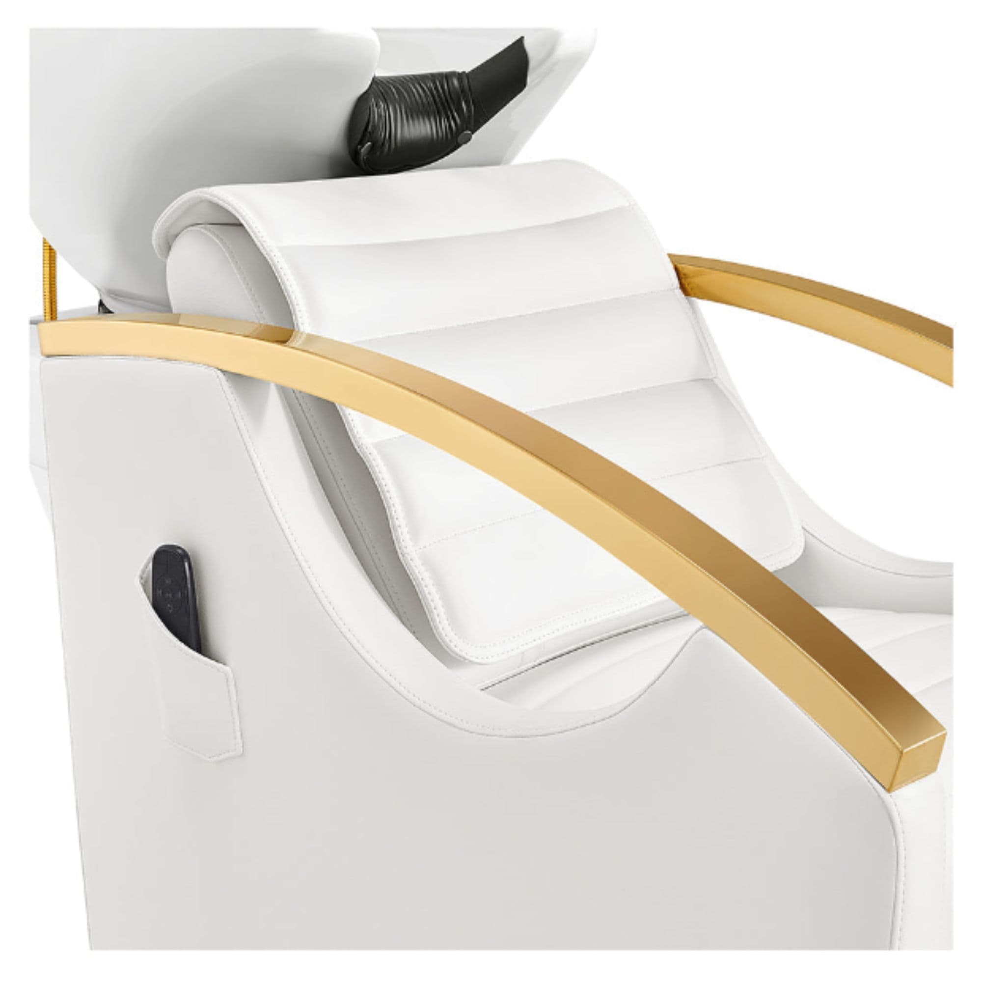 DIR Bella V Gold Reclining Salon Shampoo Massage Chairs Close-Up View Of Upholstered White Backrest And Armrest Design With Remote Control Holder On Side Panel
