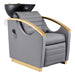 DIR Bella V Gold Reclining Salon Shampoo Massage Chairs Gray Front Angled View With Black Single Sink On Clean Background