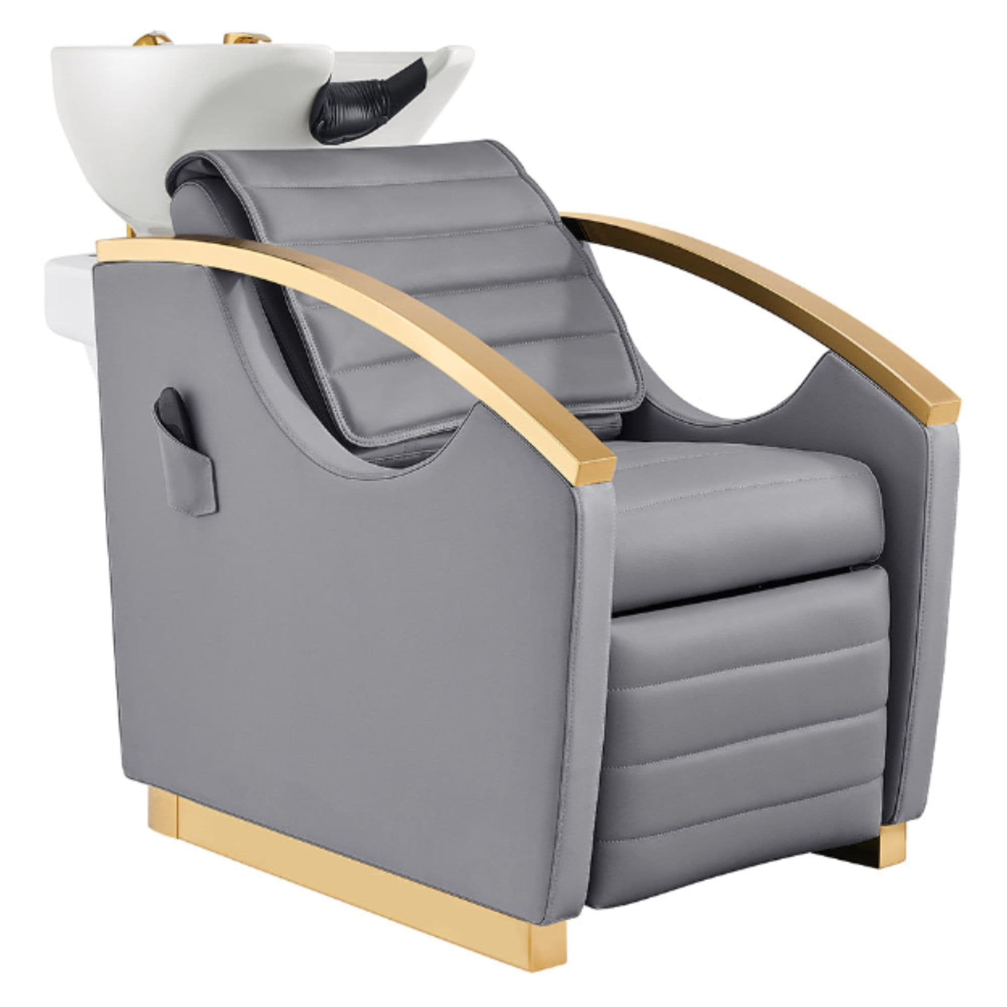 DIR Bella V Gold Reclining Salon Shampoo Massage Chairs Gray Front Angled View With White Single Sink On Clean Background