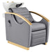 DIR Bella V Gold Reclining Salon Shampoo Massage Chairs Gray Front Angled View With White Single Sink On Clean Background