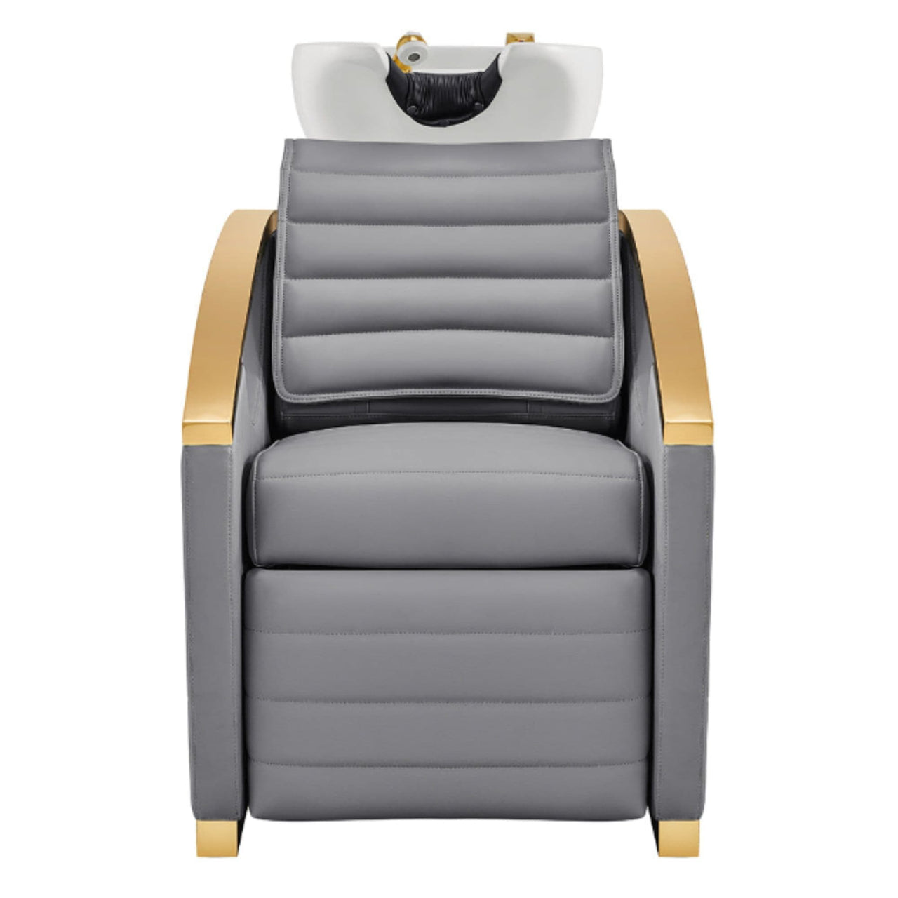 DIR Bella V Gold Reclining Salon Shampoo Massage Chairs Gray Front View With White Single Sink On White Background