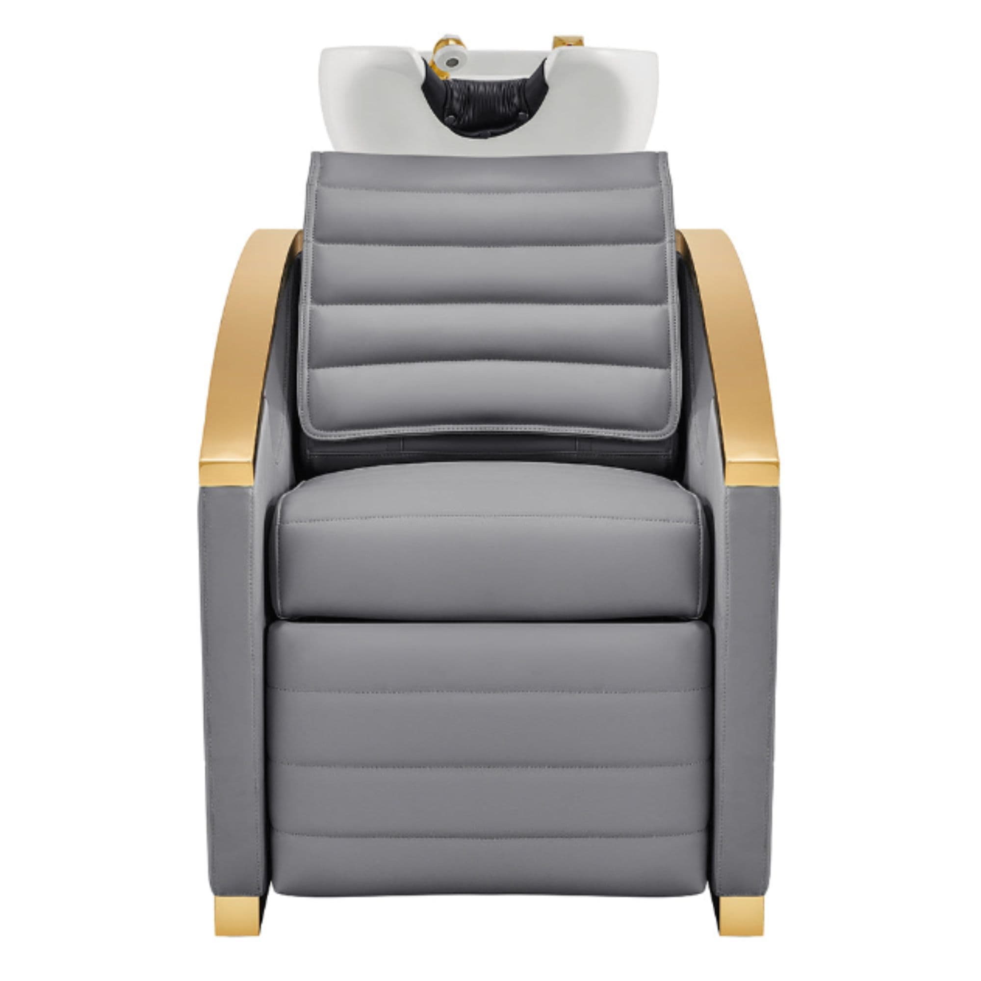 DIR Bella V Gold Reclining Salon Shampoo Massage Chairs Gray Front View With White Single Sink On White Background