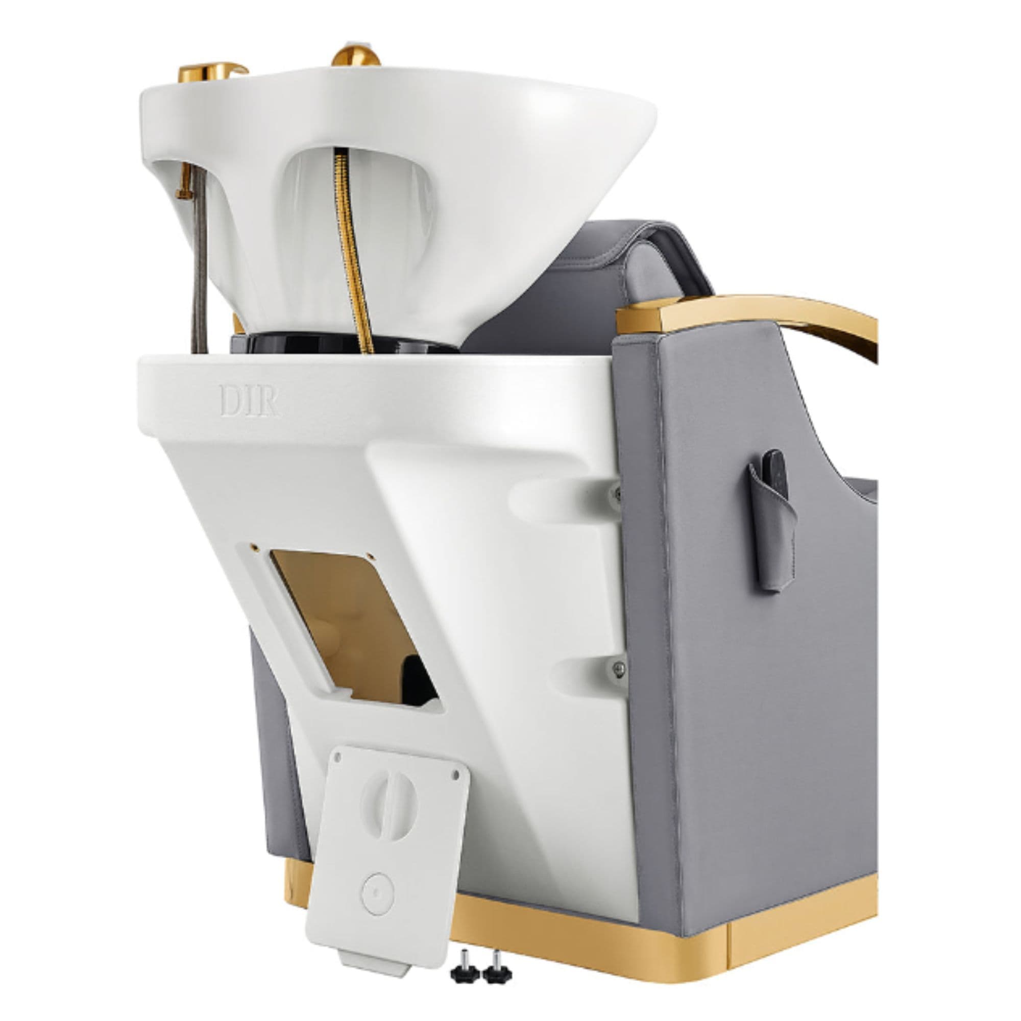 DIR Bella V Gold Reclining Salon Shampoo Massage Chairs Gray Rear View With White Single Assembly On White Background