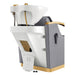 DIR Bella V Gold Reclining Salon Shampoo Massage Chairs Gray Rear View With White Single Assembly On White Background