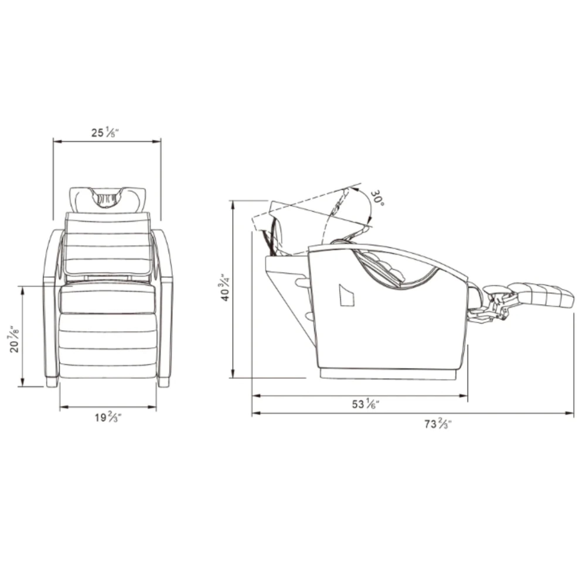 DIR Bella V Gold Reclining Salon Shampoo Massage Chairs Product Dimension Diagram