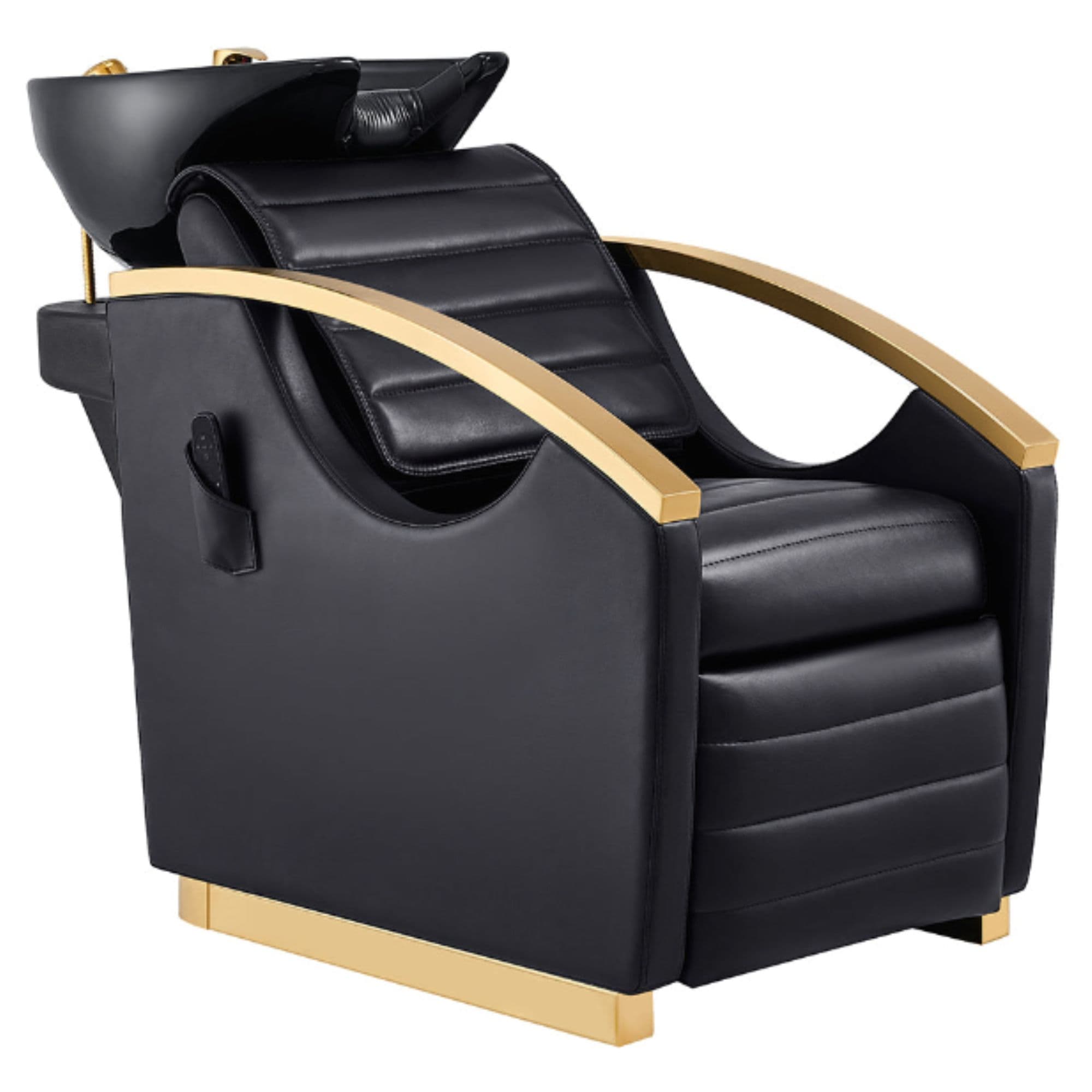 DIR Bella V Gold Reclining Shampoo Massage Chair Black Front Angled View With Black Single Sink On Clean Background