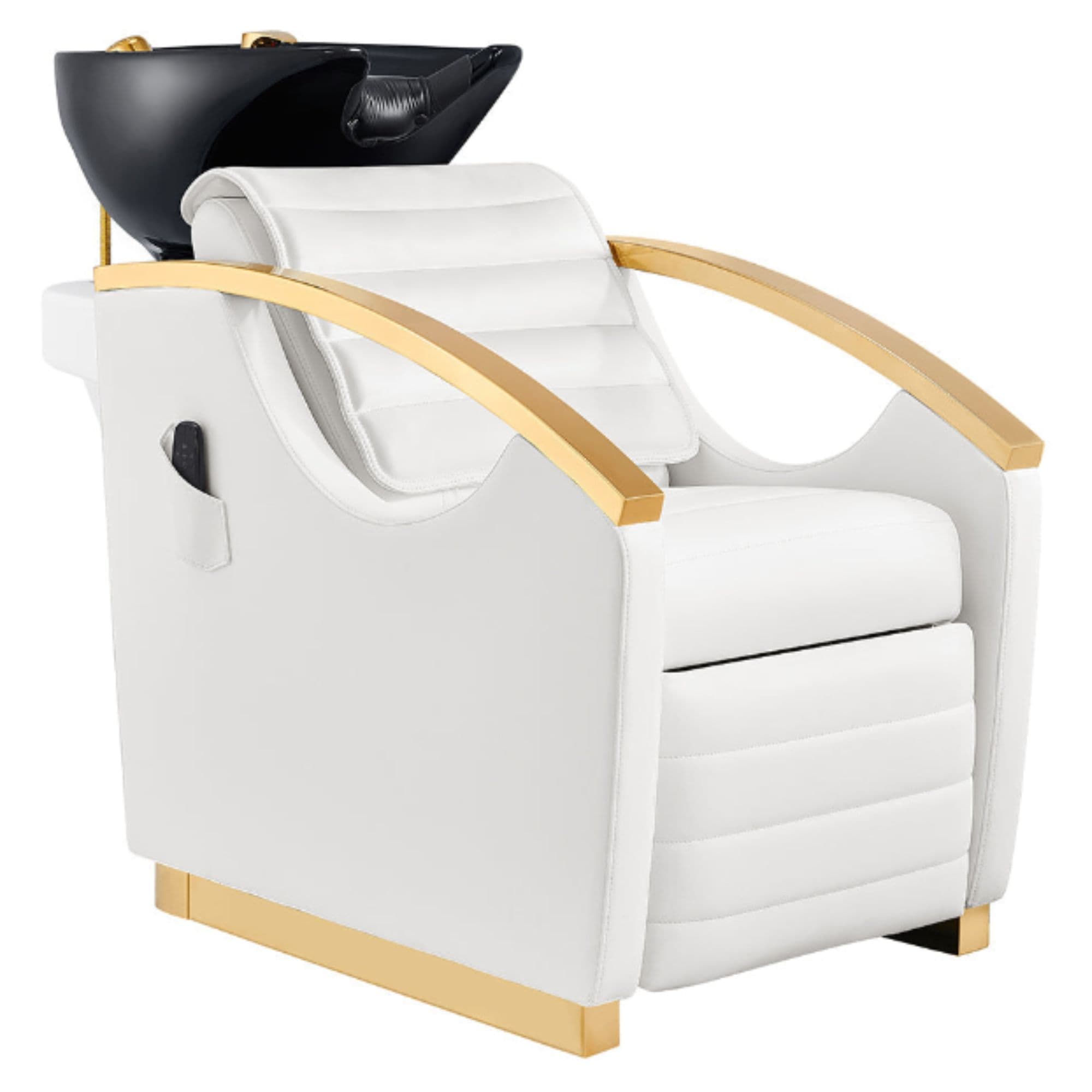 DIR Bella V Gold Reclining Shampoo Massage Chair White Front Angled View With Black Single Sink On Clean Background