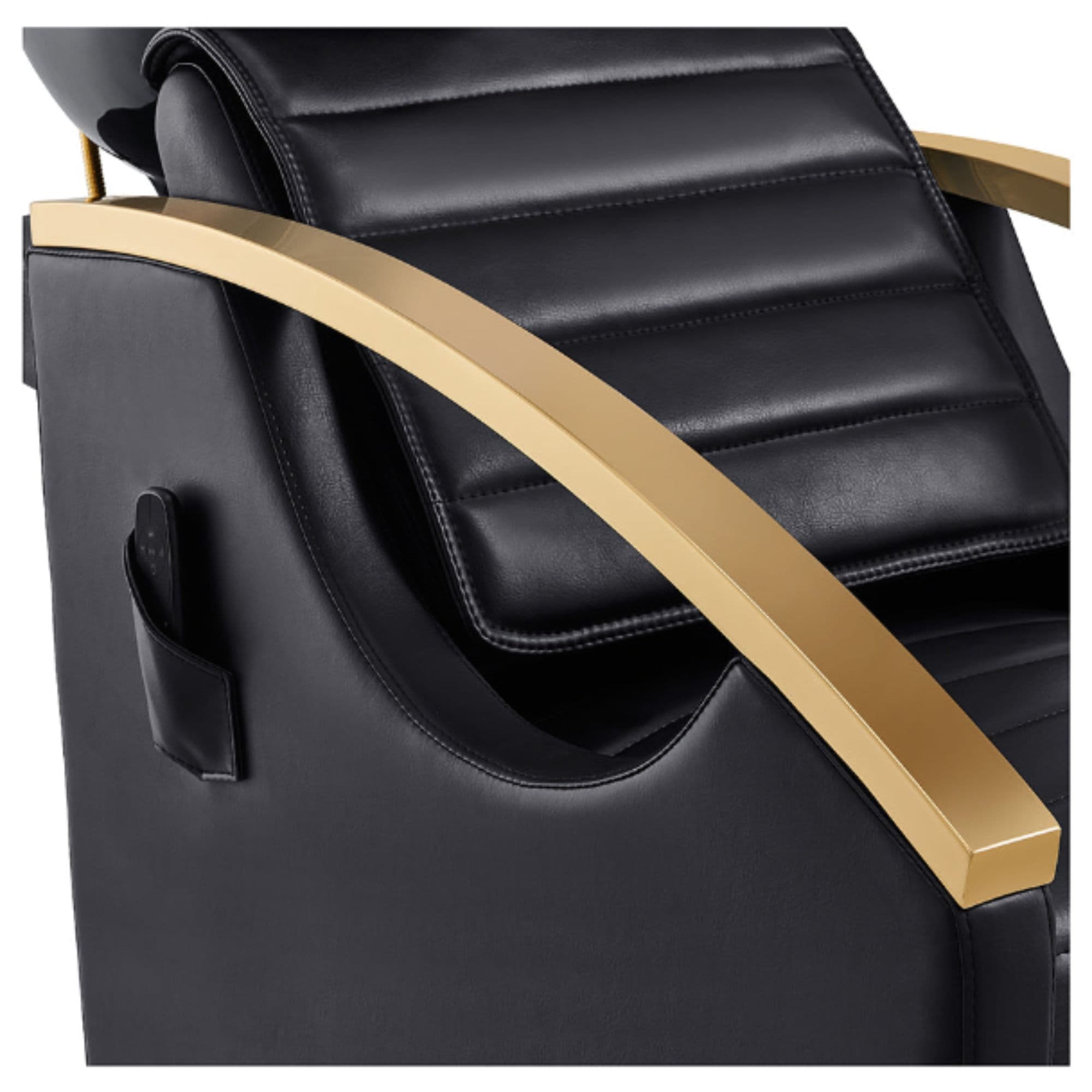 DIR Bella V Gold Salon Shampoo Massage Chair Close-Up View Of Upholstered Black Backrest And Armrest Design With Remote Control Holder On Side Panel
