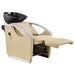 DIR Bella V Recline Massage Salon Shampoo Station Beige Front Angled View With Black Single Sink And Extended Leg Rest On Clean Background