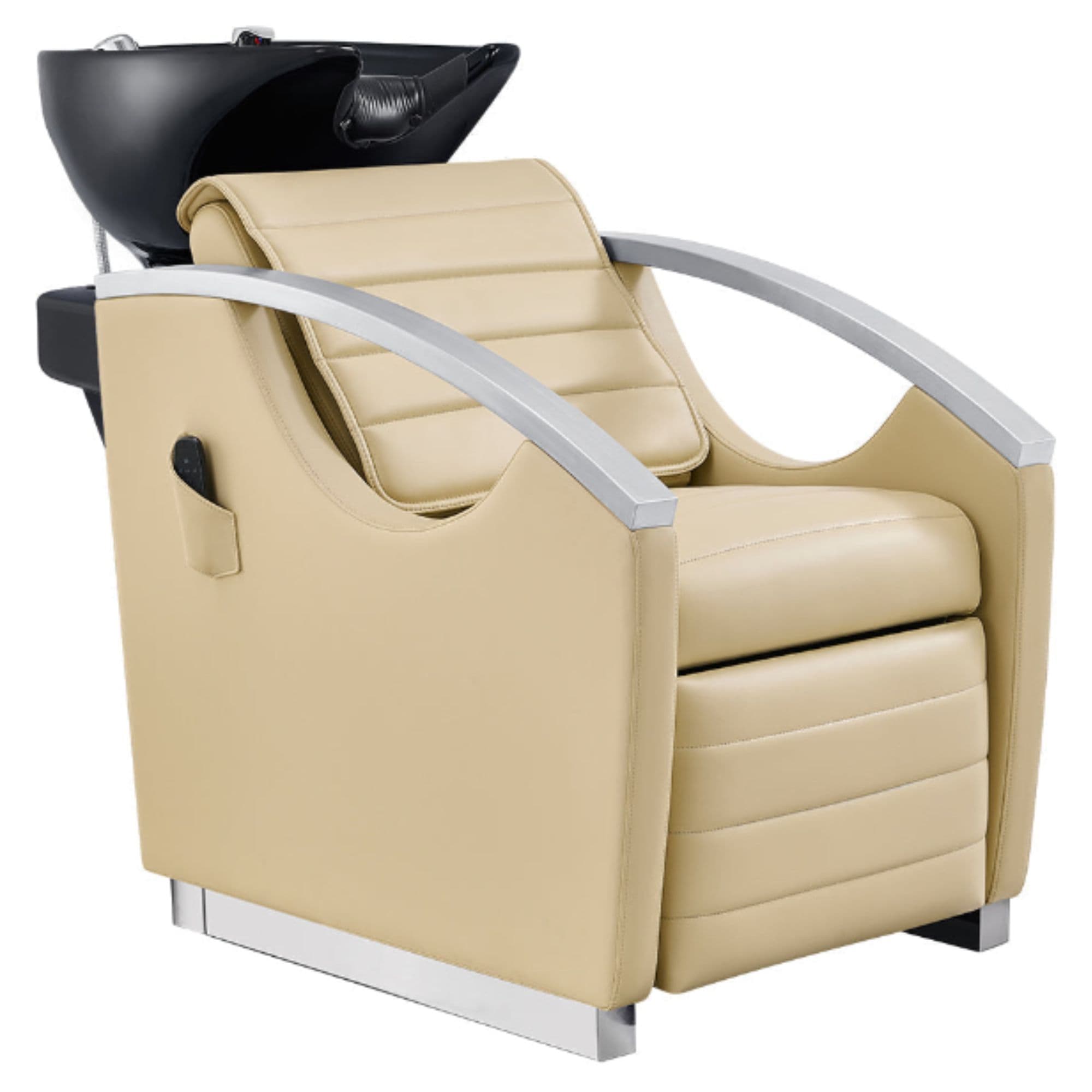 DIR Bella V Recline Massage Salon Shampoo Station Beige Front Angled View With Black Single Sink On Clean Background