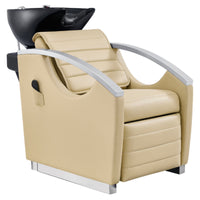 Thumbnail for DIR Bella V Recline Massage Salon Shampoo Station Beige Front Angled View With Black Single Sink On Clean Background
