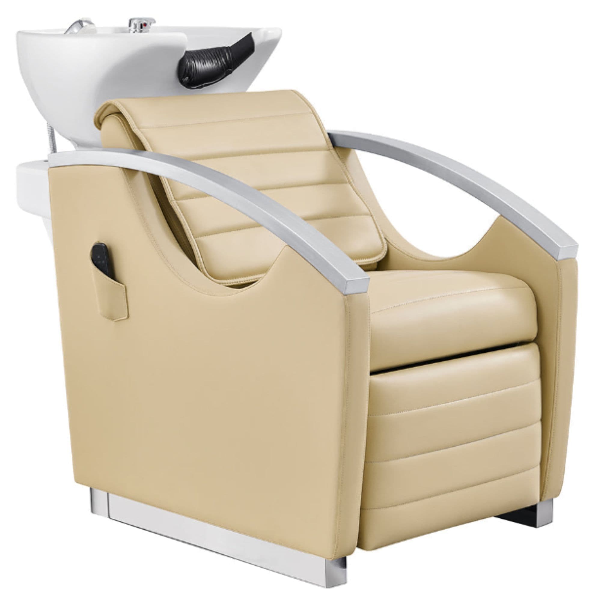 DIR Bella V Recline Massage Salon Shampoo Station Beige Front Angled View With White Single Sink On Clean Background
