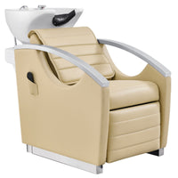 Thumbnail for DIR Bella V Recline Massage Salon Shampoo Station Beige Front Angled View With White Single Sink On Clean Background