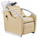 DIR Bella V Recline Massage Salon Shampoo Station Beige Front Angled View With White Single Sink On Clean Background