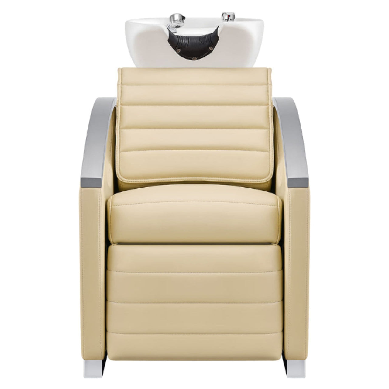 DIR Bella V Recline Massage Salon Shampoo Station Beige Front View With White Single Sink On Clean Background