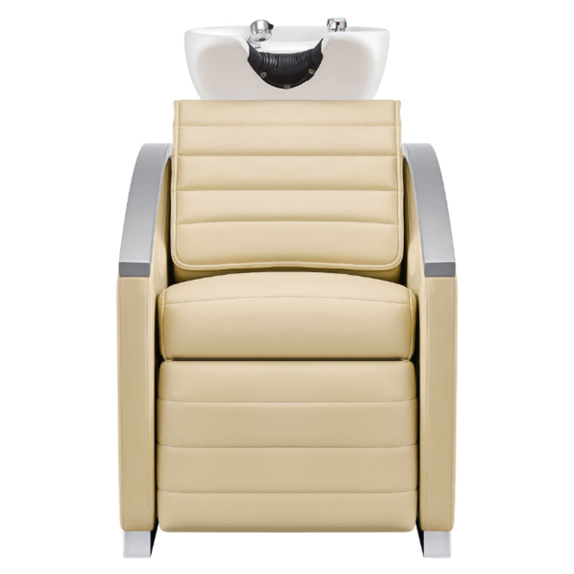 DIR Bella V Recline Massage Salon Shampoo Station Beige Front View With White Single Sink On Clean Background