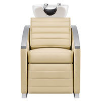 Thumbnail for DIR Bella V Recline Massage Salon Shampoo Station Beige Front View With White Single Sink On Clean Background