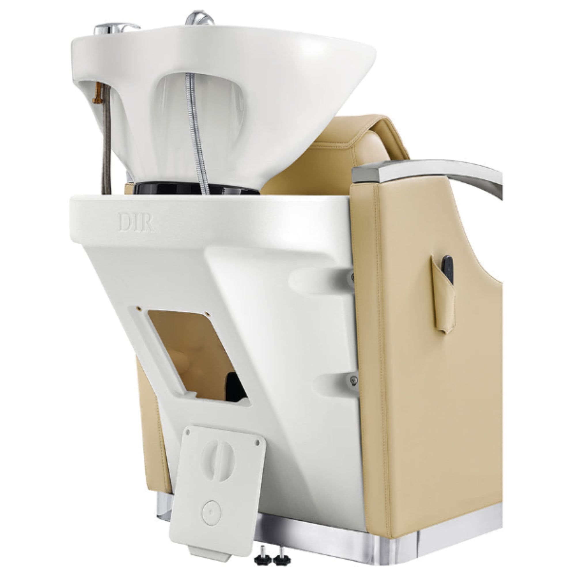 DIR Bella V Recline Massage Salon Shampoo Station Beige On Rear Angled View With Sink Assembly