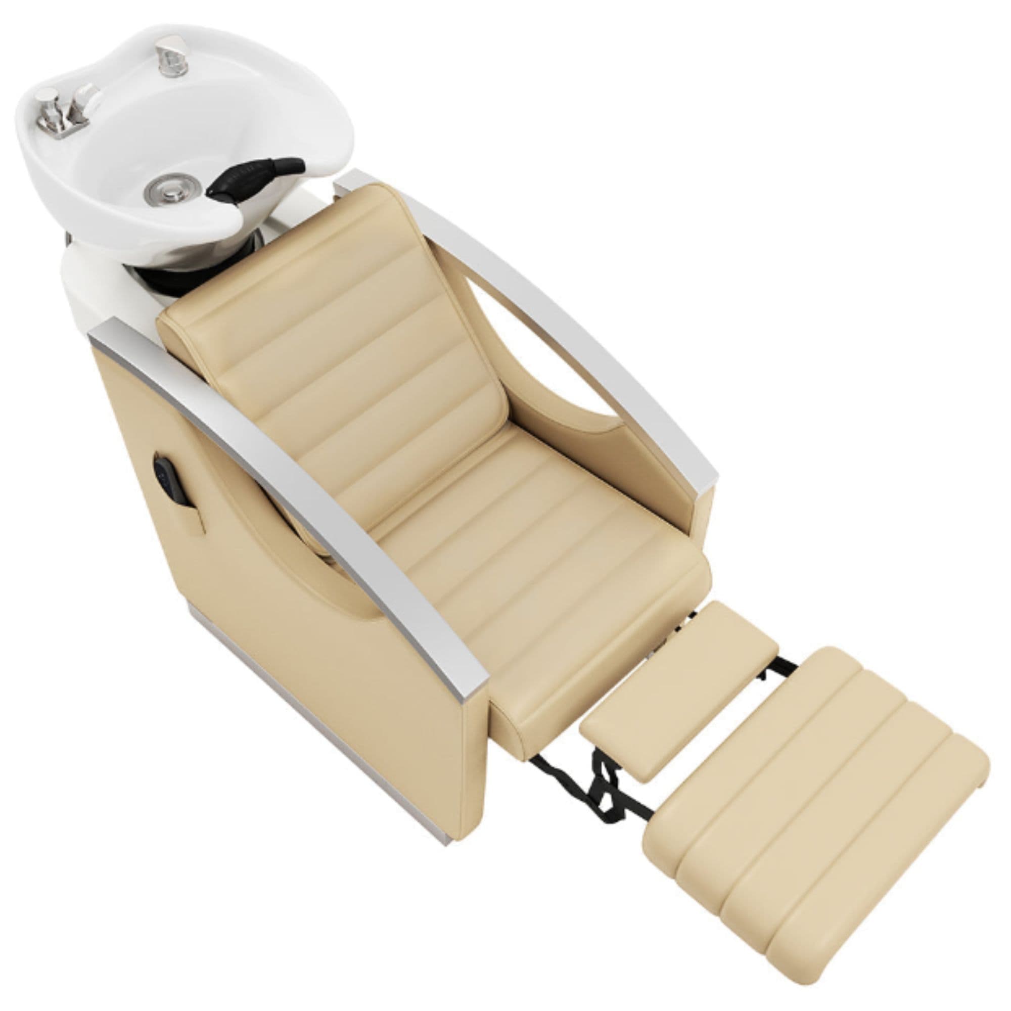 DIR Bella V Recline Massage Salon Shampoo Station Beige Top Angled View With White Single Sink And Extended Leg Rest On Clean Background