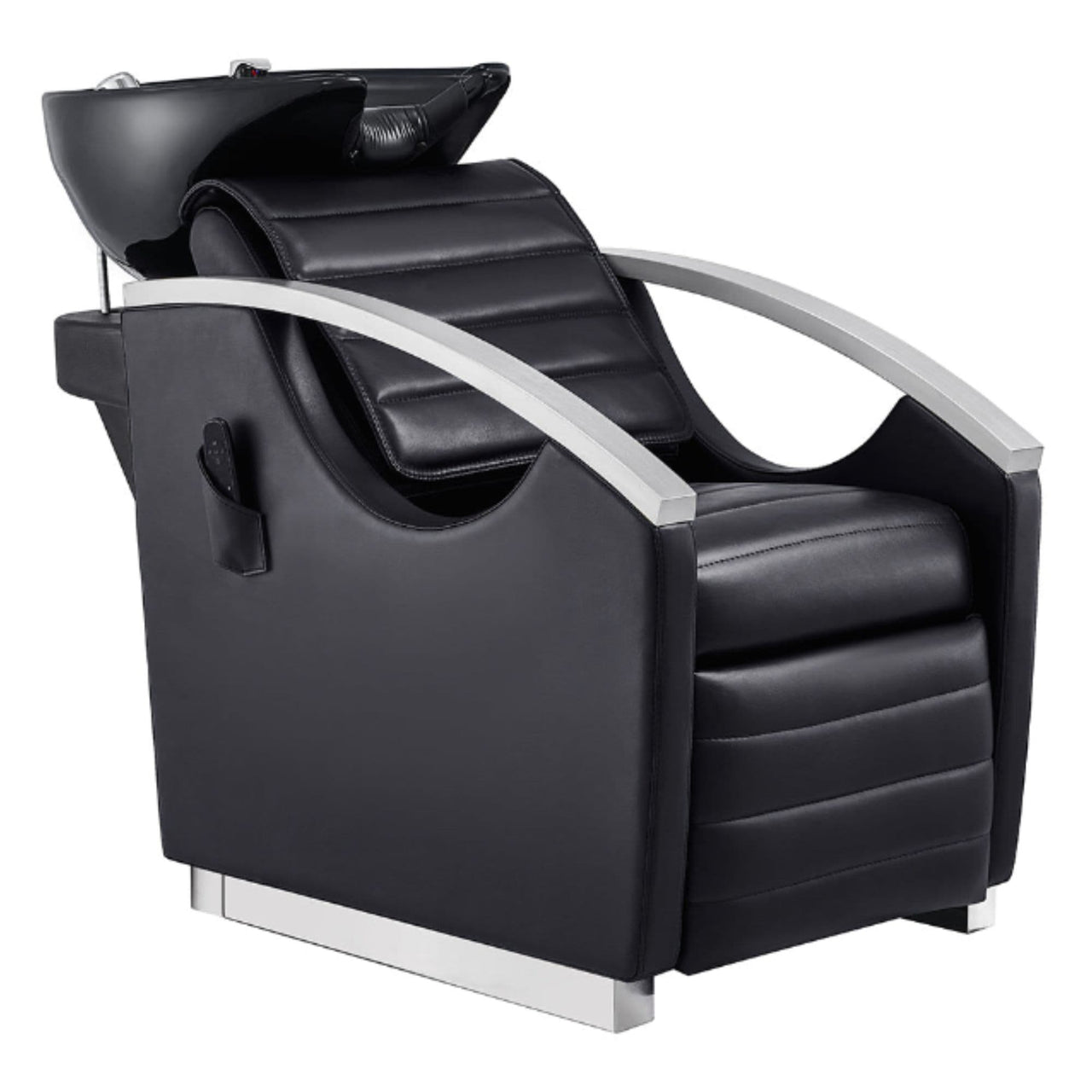 DIR Bella V Recline Massage Salon Shampoo Station Black Front Angled View With Black Single Sink On Clean Background
