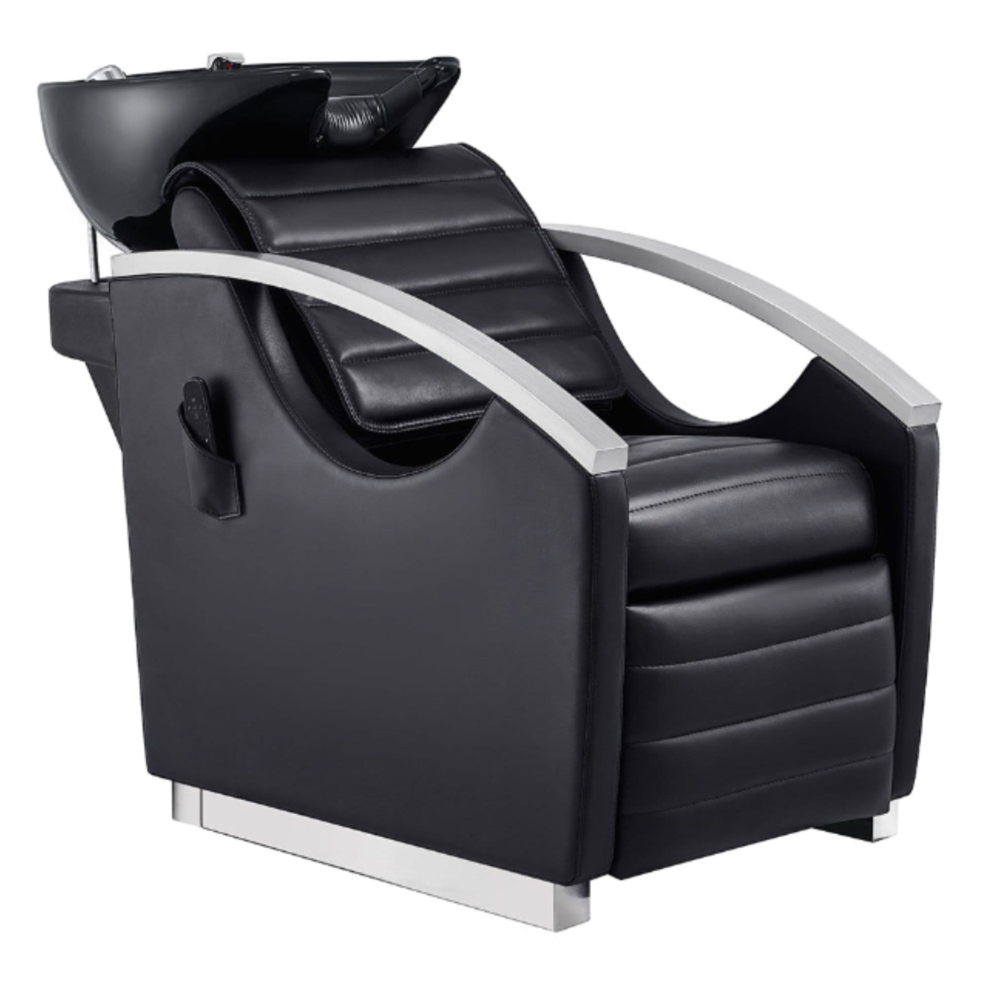 DIR Bella V Recline Massage Salon Shampoo Station Black Front Angled View With Black Single Sink On Clean Background