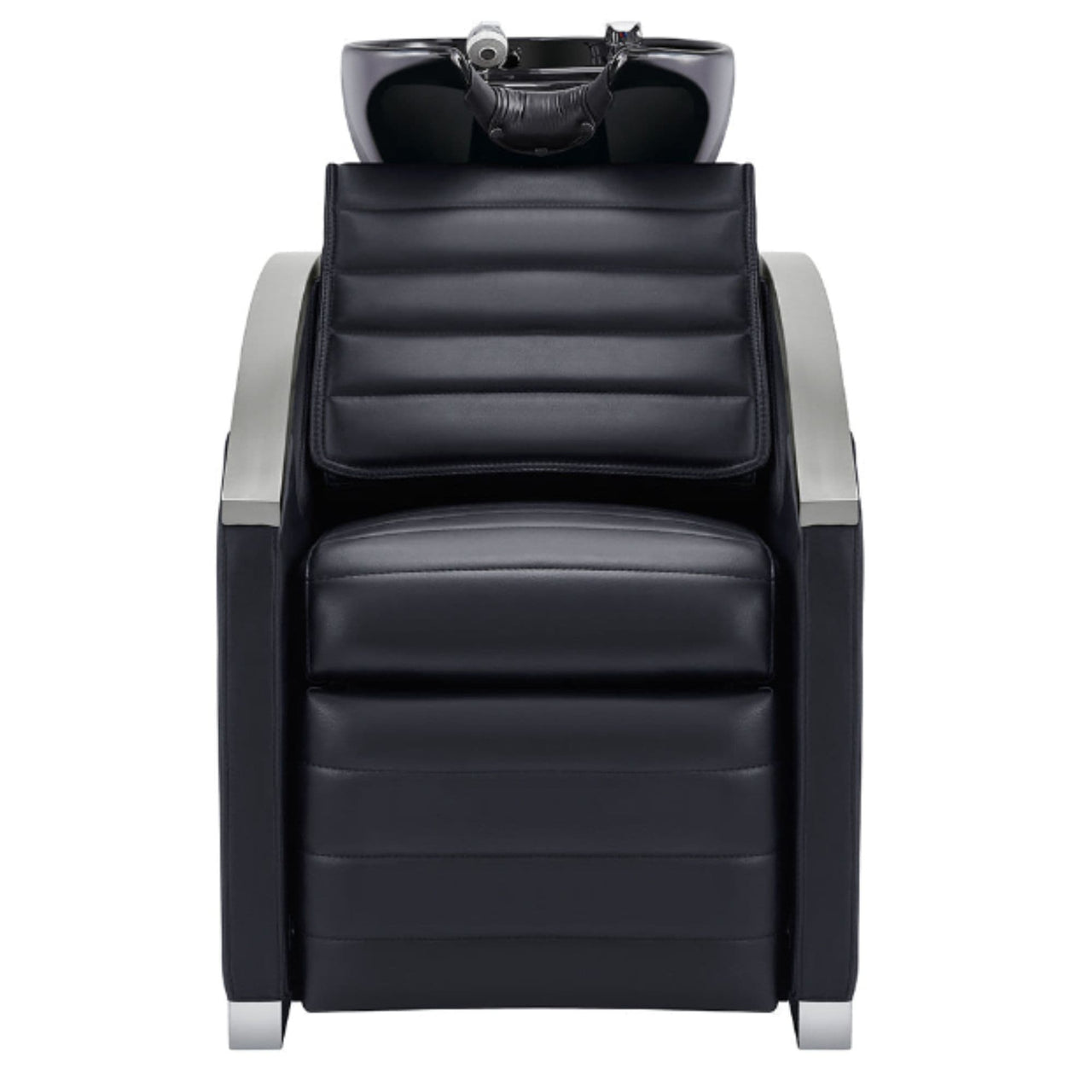 DIR Bella V Recline Massage Salon Shampoo Station Black Front View With Black Single Sink On White Background