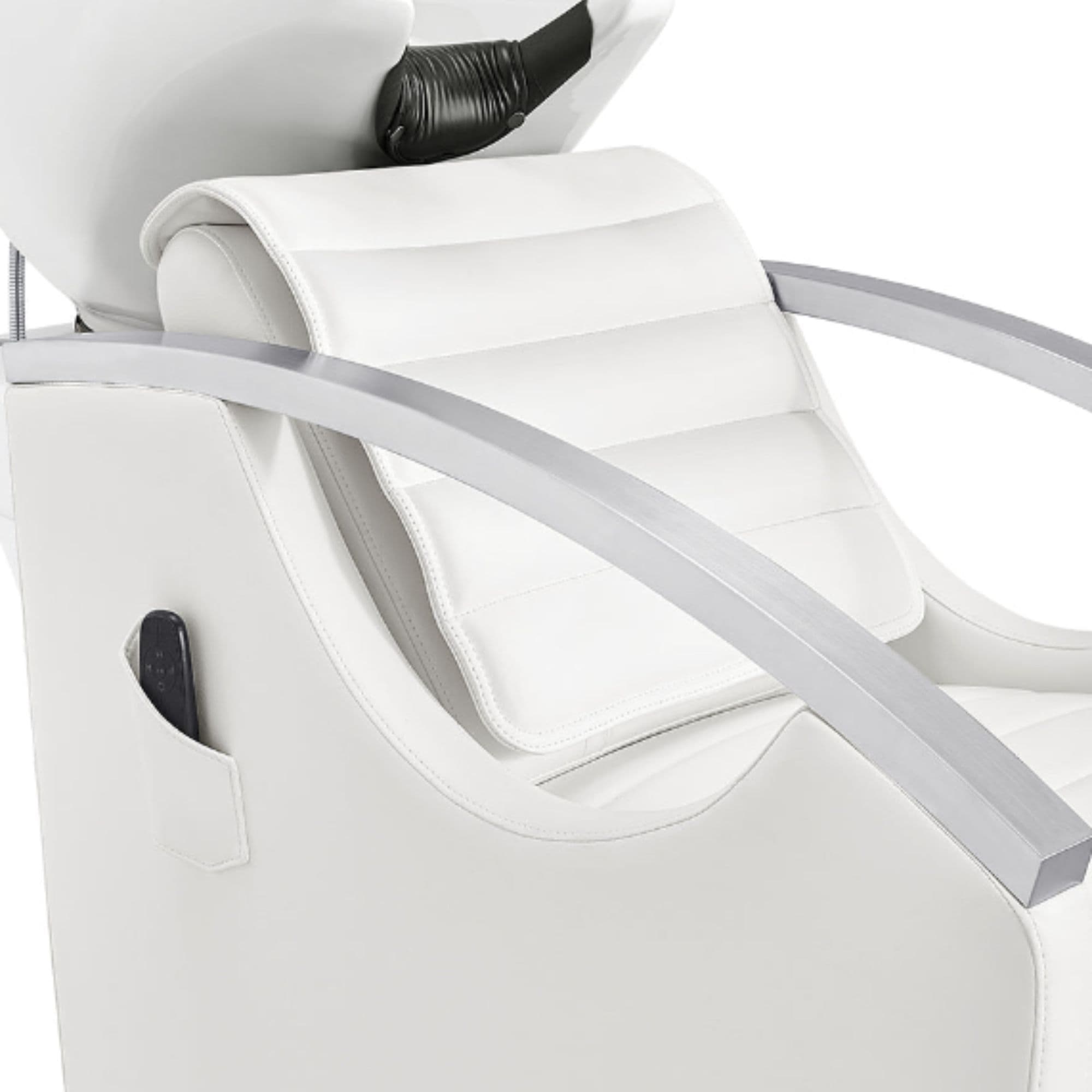 DIR Bella V Recline Massage Salon Shampoo Station Close-Up View Of Upholstered White Backrest And Armrest Design With Remote Control Holder On Side Panel