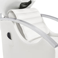 Thumbnail for DIR Bella V Recline Massage Salon Shampoo Station Close-Up View Of Upholstered White Backrest And Armrest Design With Remote Control Holder On Side Panel
