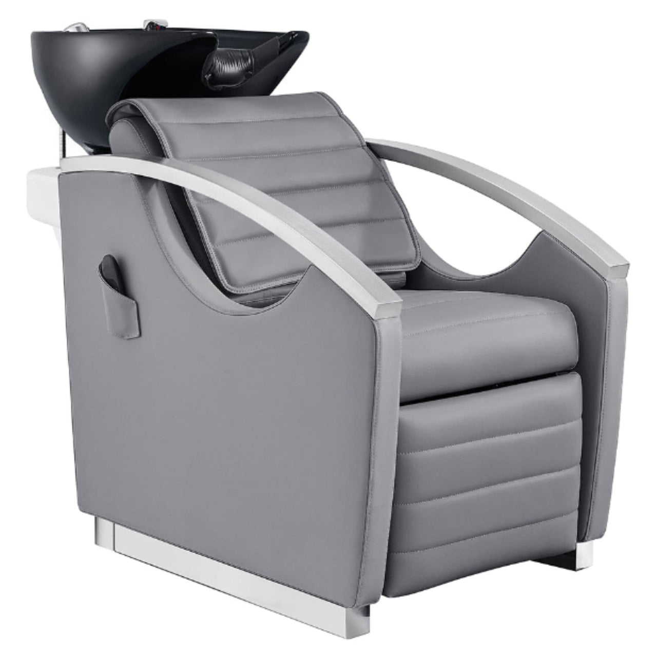 DIR Bella V Recline Massage Salon Shampoo Station Gray Front Angled View With Black Single Sink On Clean Background