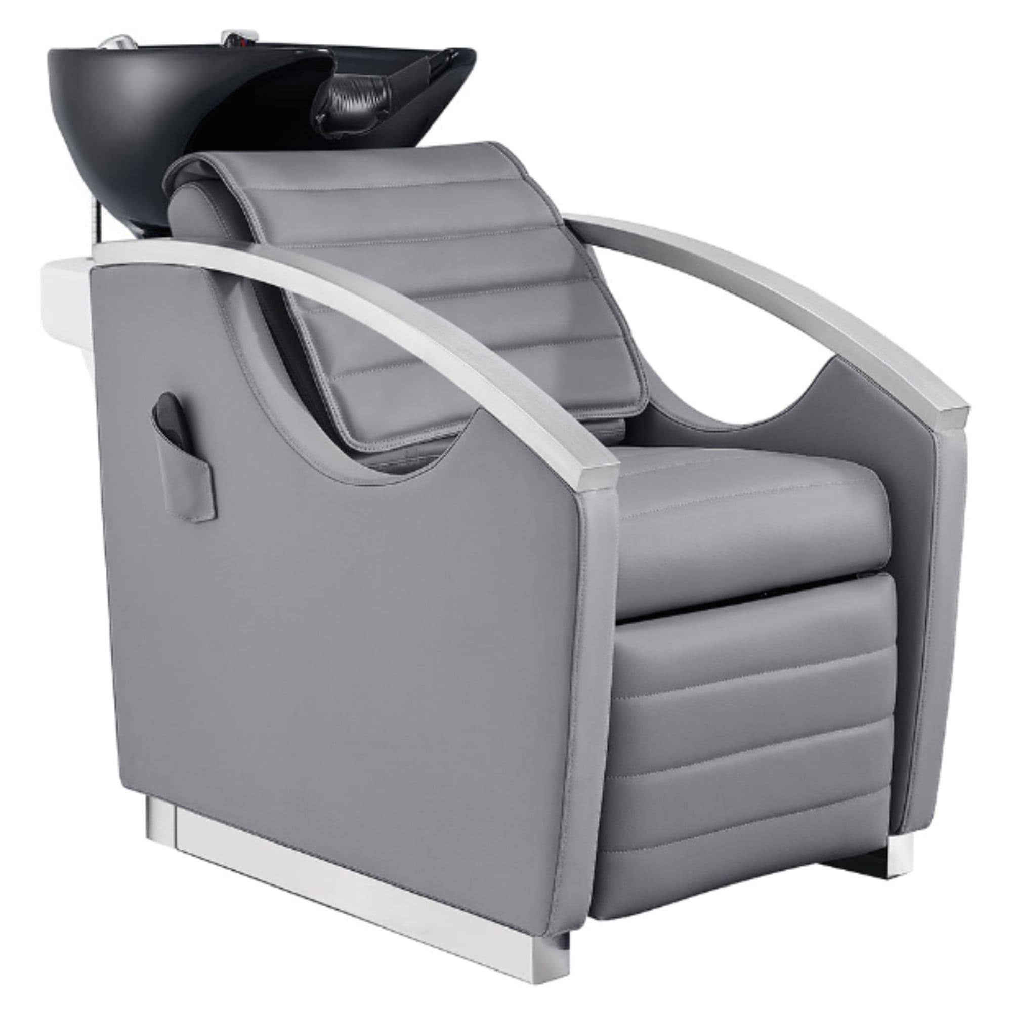 DIR Bella V Recline Massage Salon Shampoo Station Gray Front Angled View With Black Single Sink On Clean Background