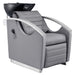 DIR Bella V Recline Massage Salon Shampoo Station Gray Front Angled View With Black Single Sink On Clean Background