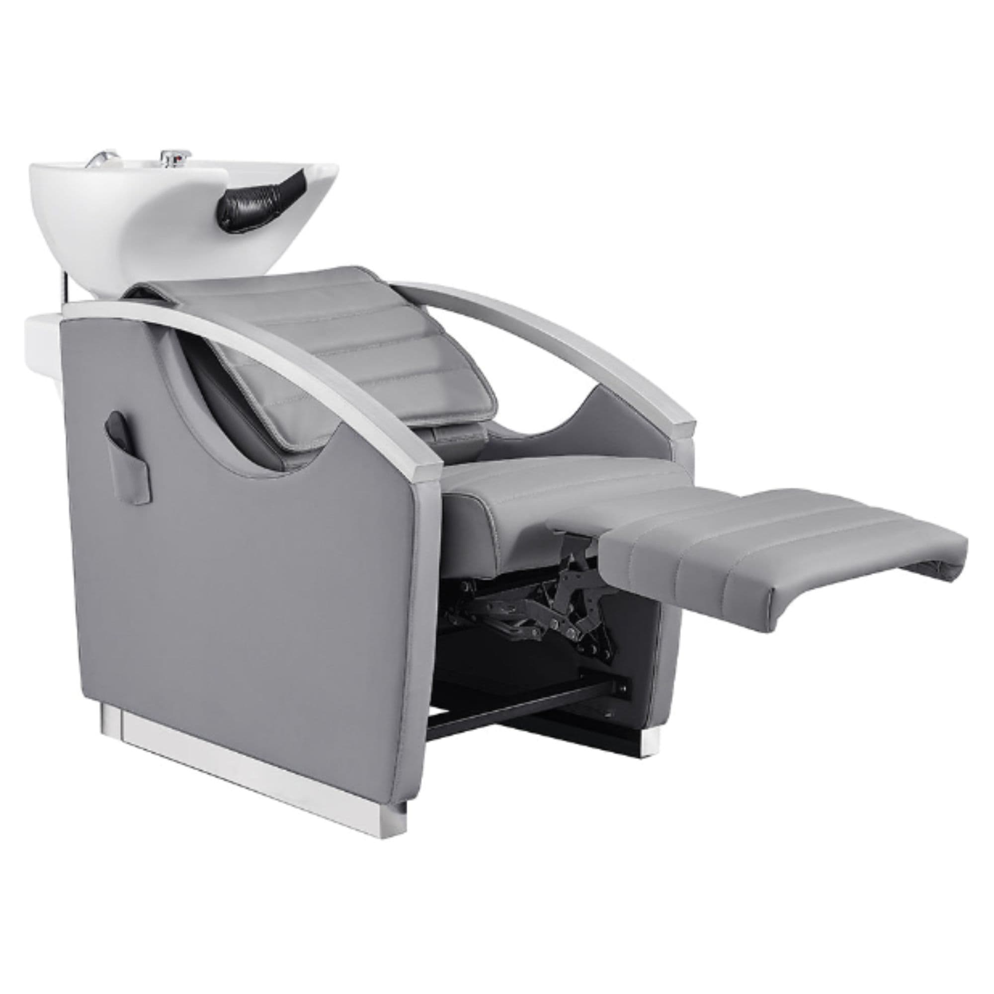 DIR Bella V Recline Massage Salon Shampoo Station Gray Front Angled View With White Single Sink And Extended Leg Rest