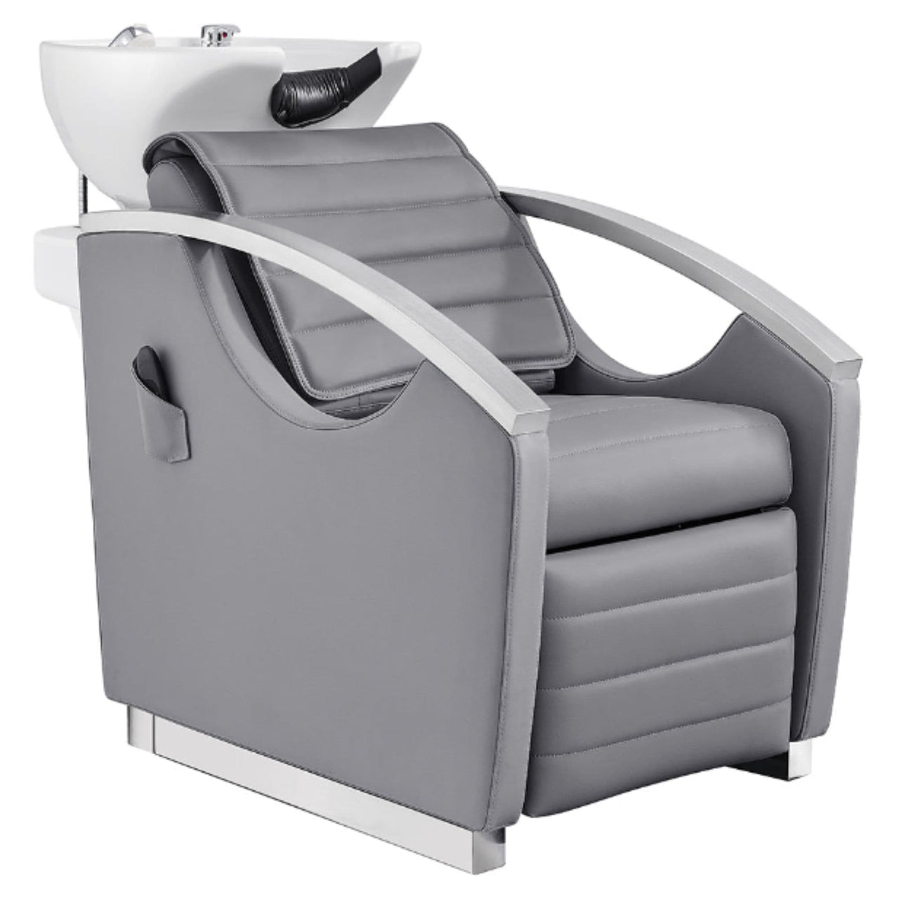 DIR Bella V Recline Massage Salon Shampoo Station Gray Front Angled View With White Single Sink On Clean Background