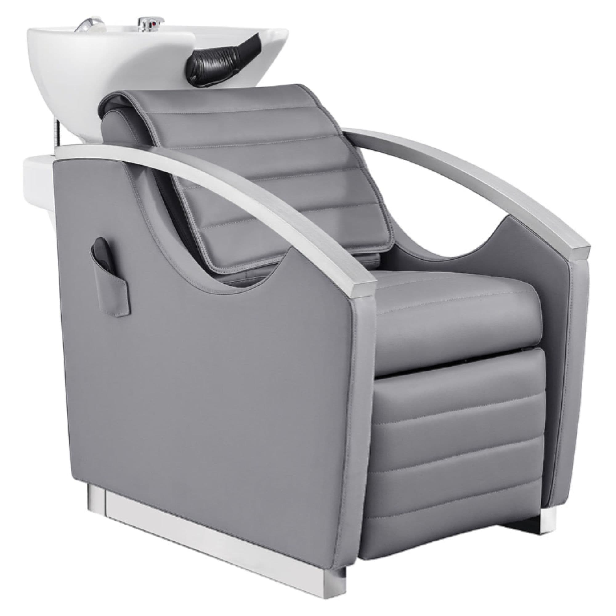 DIR Bella V Recline Massage Salon Shampoo Station Gray Front Angled View With White Single Sink On Clean Background