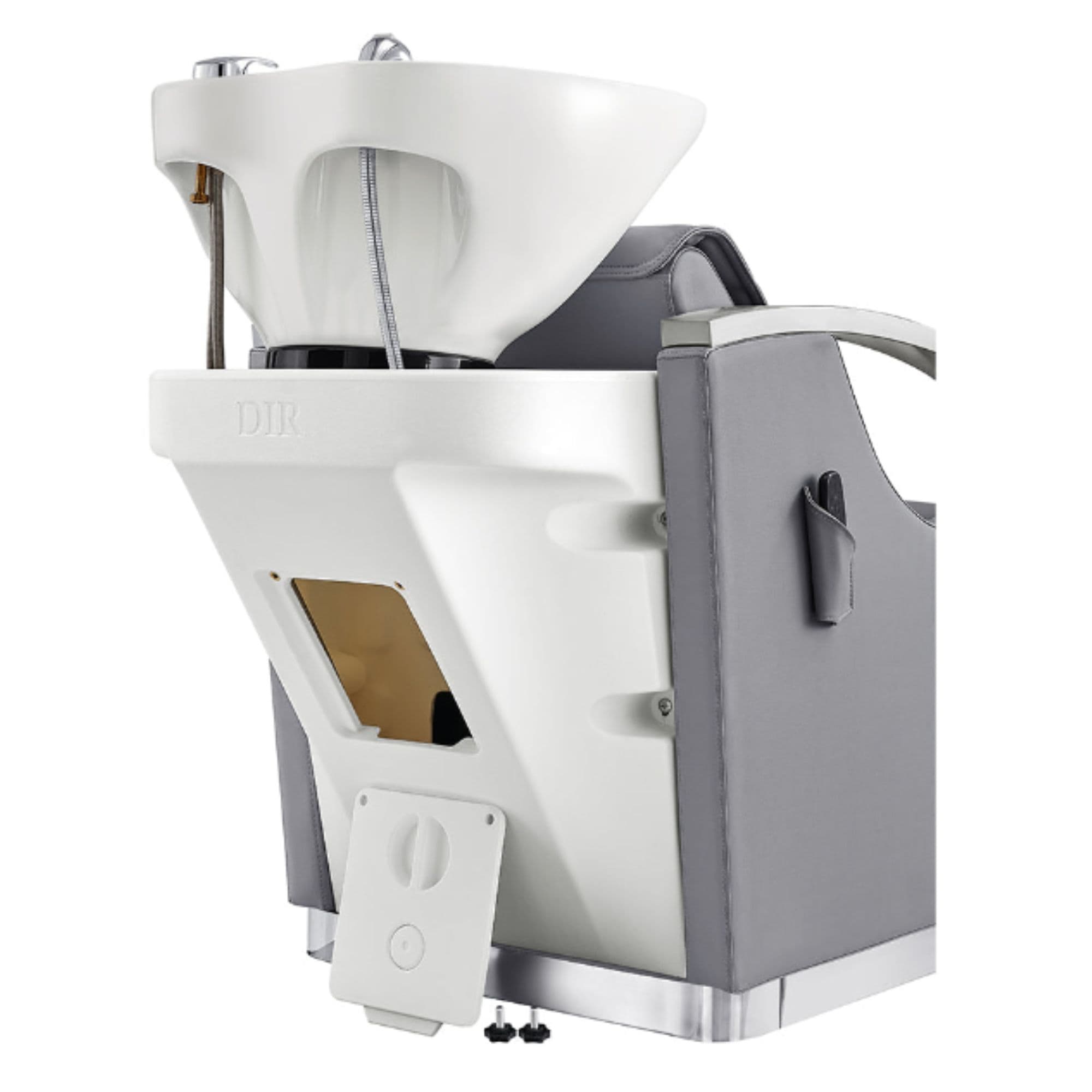 DIR Bella V Recline Massage Salon Shampoo Station Gray On Rear Angled View With Sink Assembly