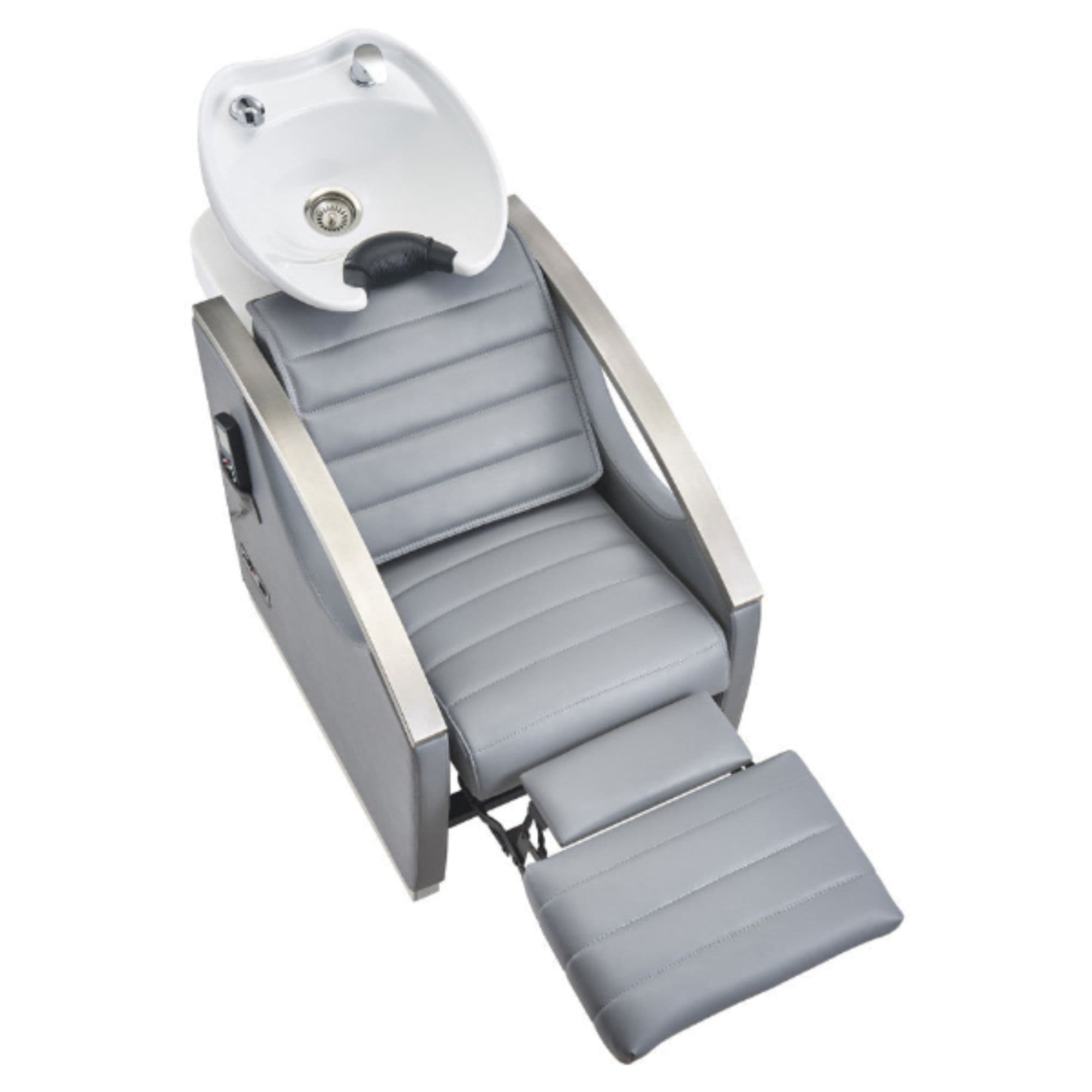 DIR Bella V Recline Massage Salon Shampoo Station Gray Top Angled View With White Single Sink And Extended Leg Rest On Clean Background