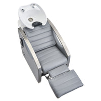 Thumbnail for DIR Bella V Recline Massage Salon Shampoo Station Gray Top Angled View With White Single Sink And Extended Leg Rest On Clean Background