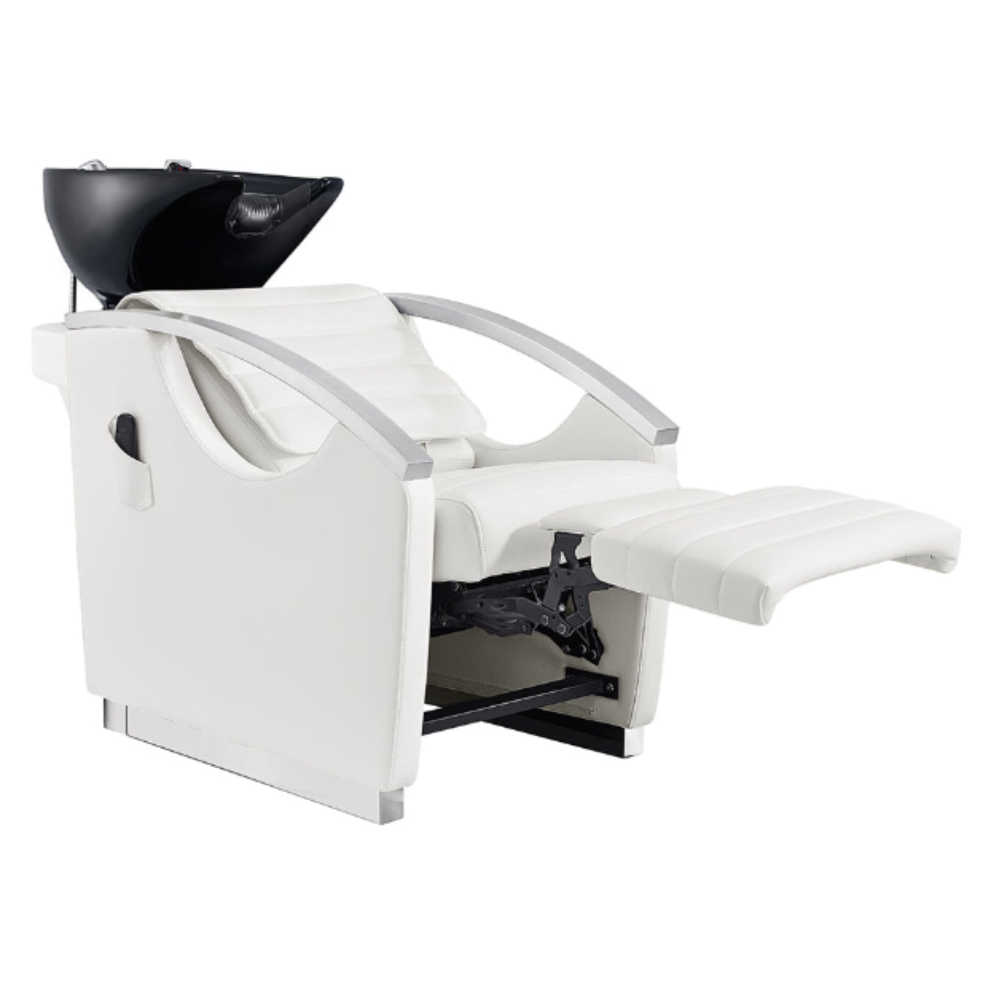 DIR Bella V Recline Massage Salon Shampoo Station White Front Angled View With Black Single Sink And Extended Leg Rest On Clean Background