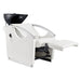 DIR Bella V Recline Massage Salon Shampoo Station White Front Angled View With Black Single Sink And Extended Leg Rest On Clean Background