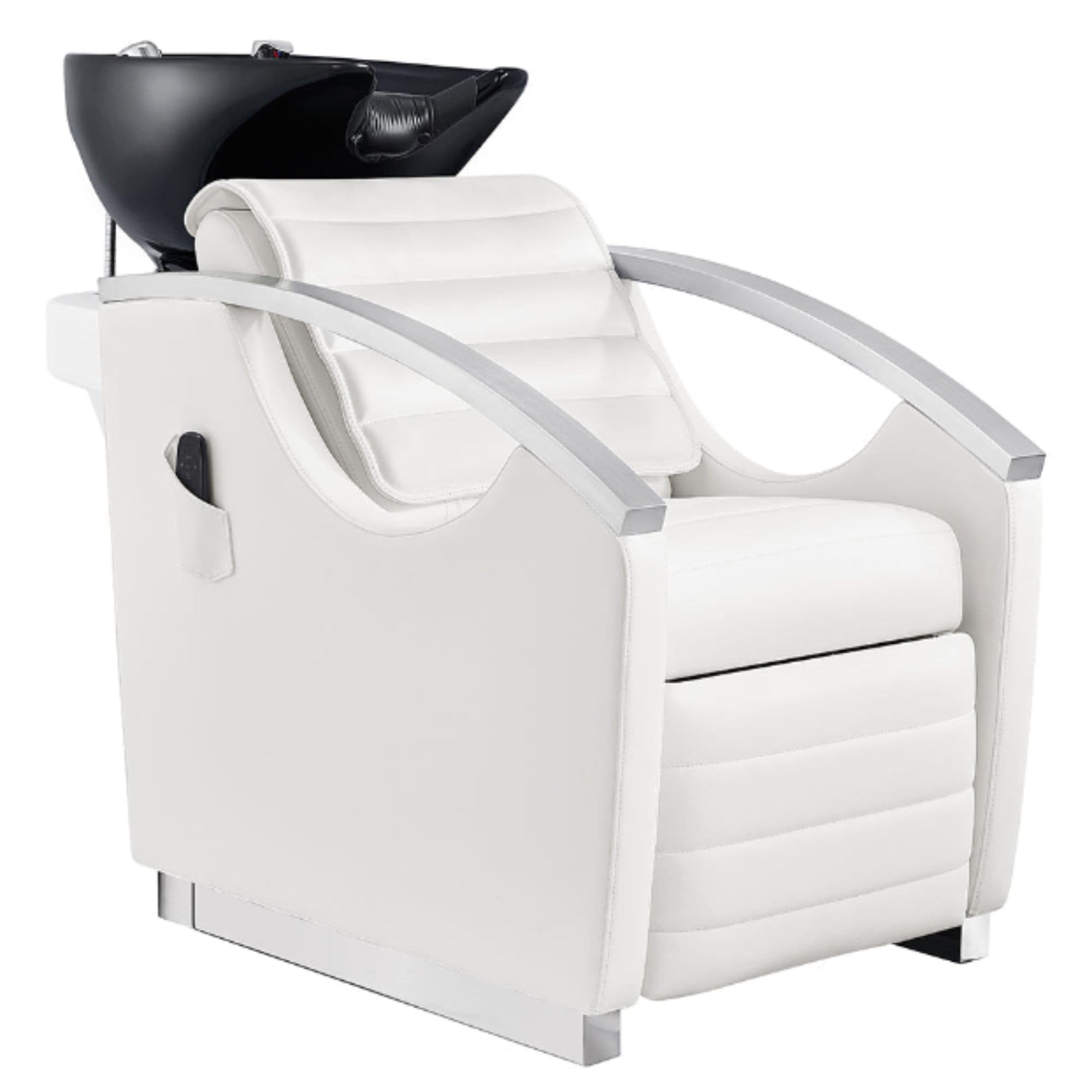 DIR Bella V Recline Massage Salon Shampoo Station White Front Angled View With Black Single Sink On Clean Background